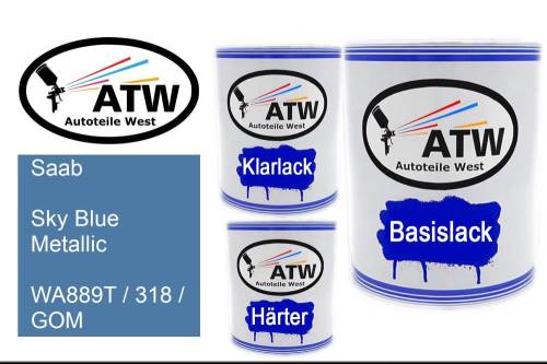Saab, Sky Blue Metallic, WA889T / 318 / GOM: 1L Lackdose + 1L Klarlack + 500ml Härter - Set, von ATW Autoteile West.